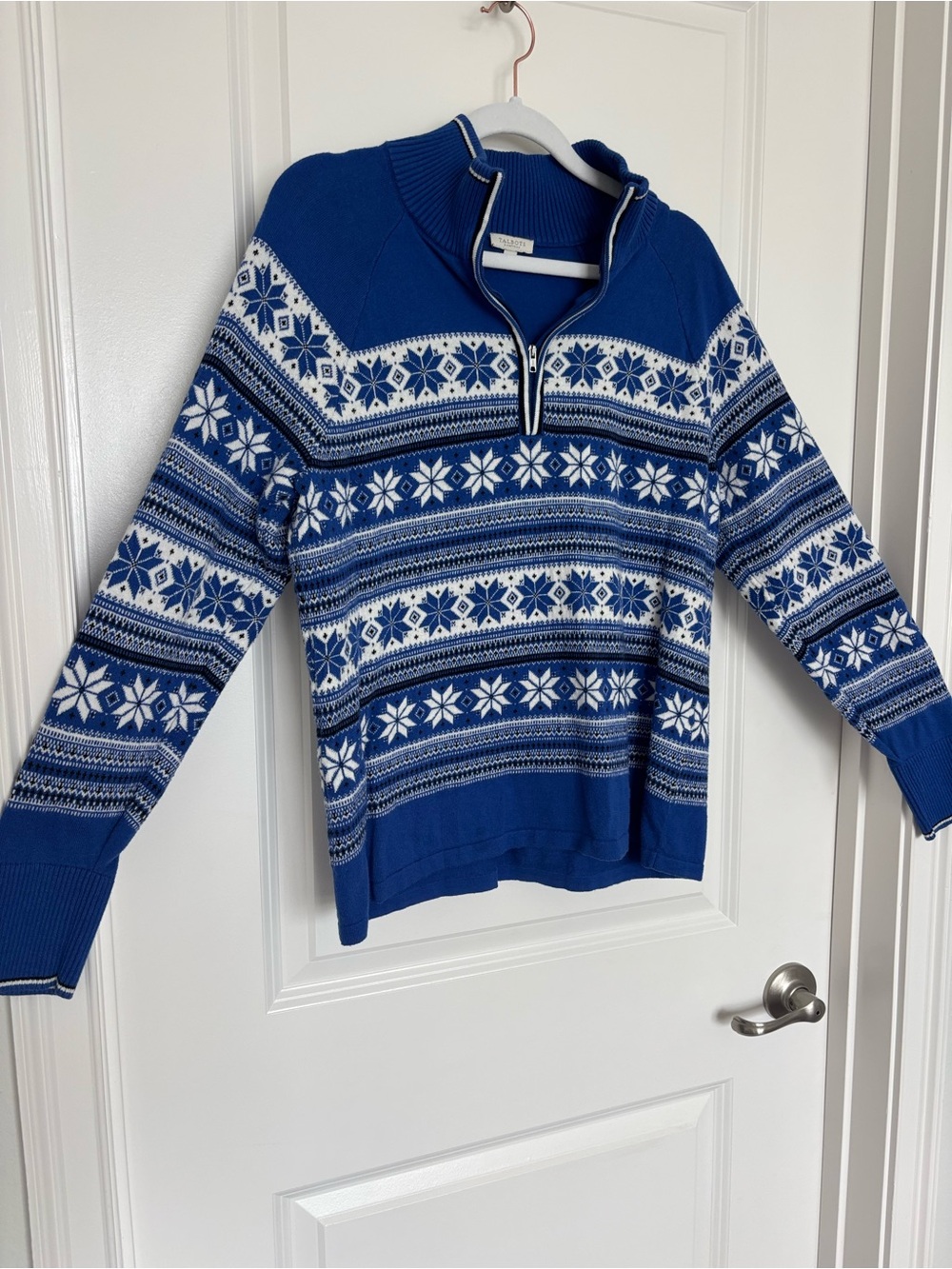Talbots Petite Après Ski Sweater Blue White Nordic Fair Isle Snowflake Ski Lodge